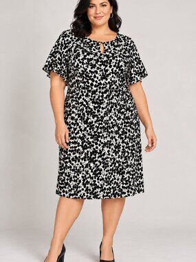 Talbots Midi Dress 16WP Black White Patterned Short Flutter Sleeves Plus Petite